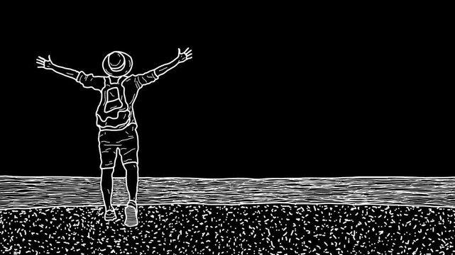 White wiggly hand drawn happy male traveler with backpack on alpha