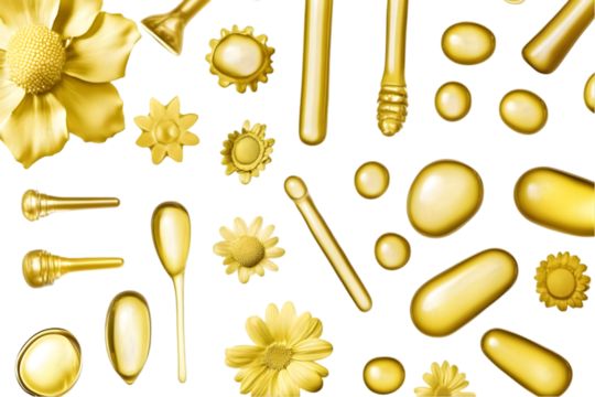 Gold Flowers And Shapes Arrangement On Black Transparent Background Illustration