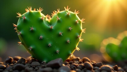 Close up of heart shaped bunny cactus opuntia with vibrant green leaves illuminated by the morning sun, vibrant, bunny ears