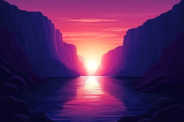 Vibrant Sunset River Cliffs: Digital Art Illustrating Tranquil Evening Scenery with Colorful Sky and Serene Reflections