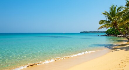 Fototapeta premium Tranquil Tropical Beach Scene Azure Water, Golden Sand, and Lush Palm Trees