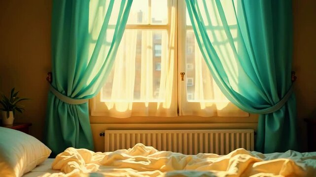 Cozy bedroom with sunlight streaming through turquoise curtains, highlighting a rumpled bed and indoor plants
