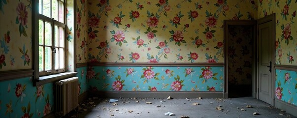 Close-up of peeling floral wallpaper in spooky abandoned room, haunted, dilapidated