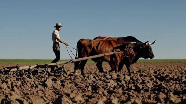 farmer working in the fields with oxen and a wooden plow