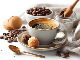 A steaming cup of dark coffee sits on a saucer with coffee beans, sugar, and delicious pastries nearby on a white background.
