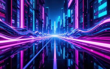 Fototapeta premium Neon Cityscape with Flowing Light Streaks and Reflections