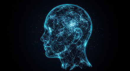 AI concept glowing digital head profile neural network data analysis