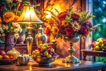 Elegant Floral Arrangement with Fruit Still Life