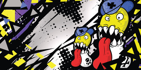 Dark abstract grunge background with cartoon objects