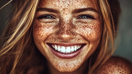Smiling Woman with Freckles on Face Sparkling with Joyful Energy