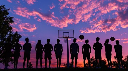 Silhouettes of Young Athletes at Sunset in Basketball Practice Session