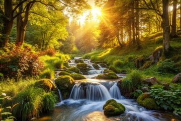 Sunlit Forest Stream with Mossy Rocks