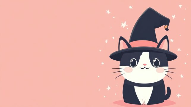 Cute Cartoon Cat in Witch Hat with Pink Background and Sparkling Stars for Halloween and Pet-Themed Designs