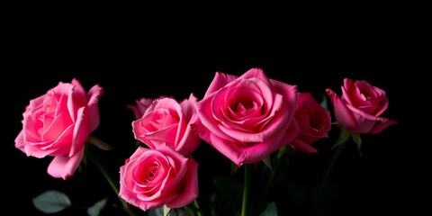 Fototapeta premium Deep pink roses dramatically displayed against a stark black backdrop, artistic, love