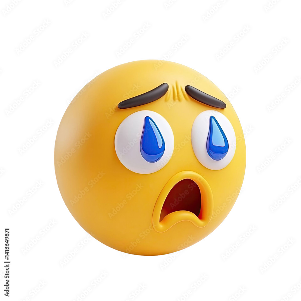 Poster generic emoji with sad expression showing tears and open mouth in front of transparent background.