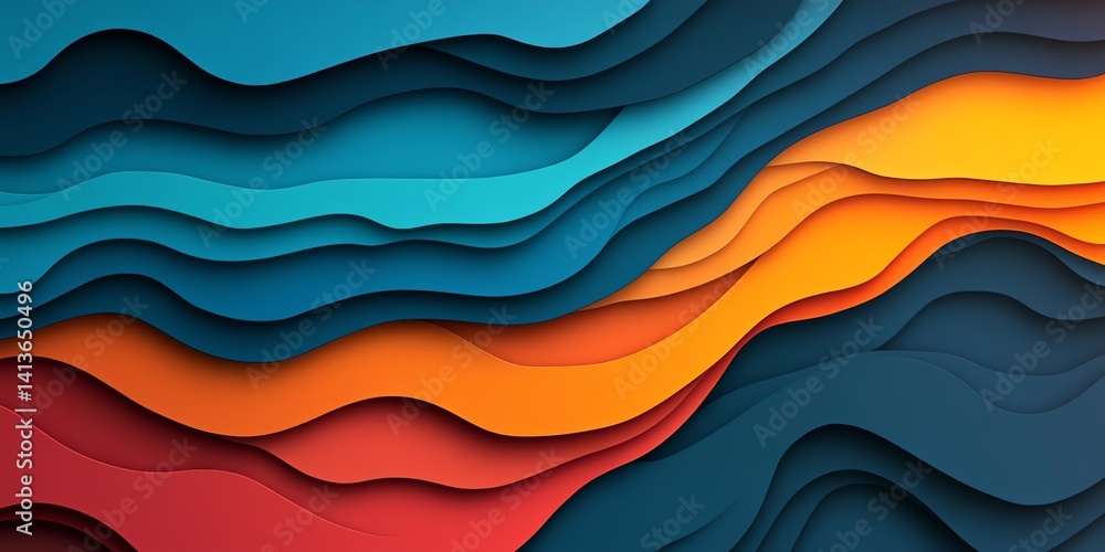 Poster vibrant orange blue and red layered waves create a dynamic papercut effect perfect for website banne