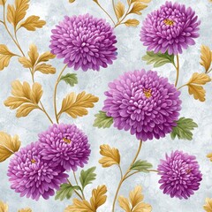A vibrant floral pattern featuring large purple chrysanthemums and golden leaves on a textured light blue background.