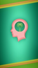 Human head silhouette with palm tree symbol representing tropical thoughts