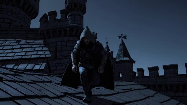 hooded rogue sneaking across castle 