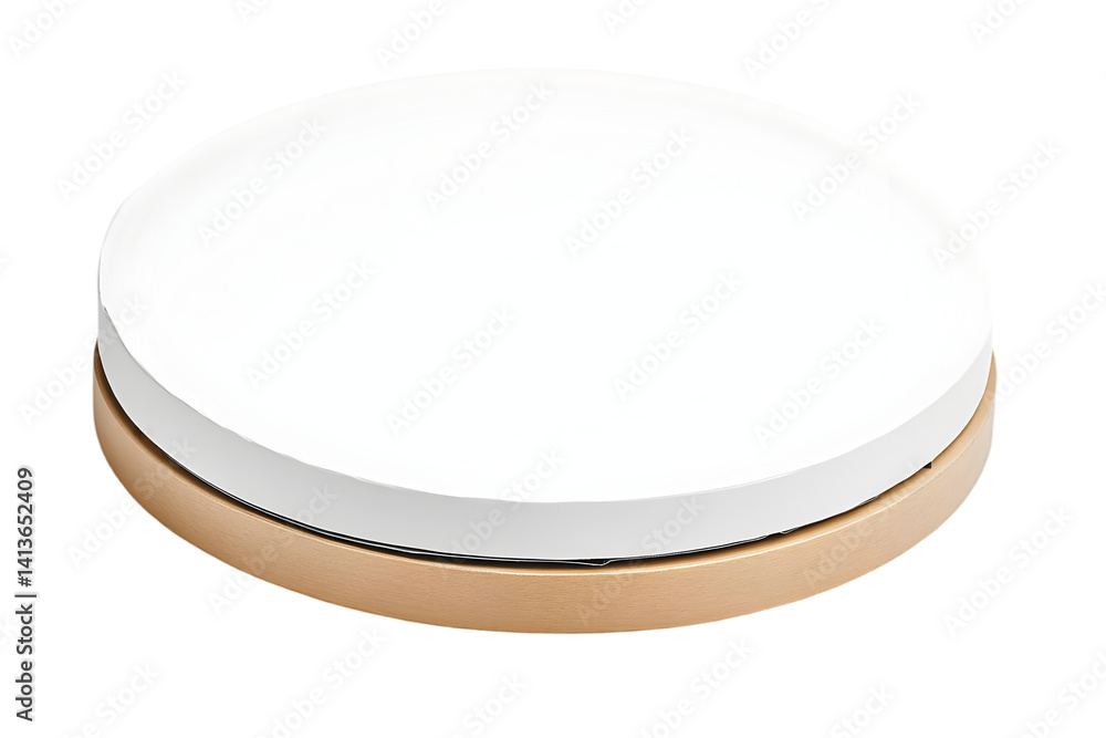 Poster isolated 3d render of a white disk on a wooden base with brown texture background
