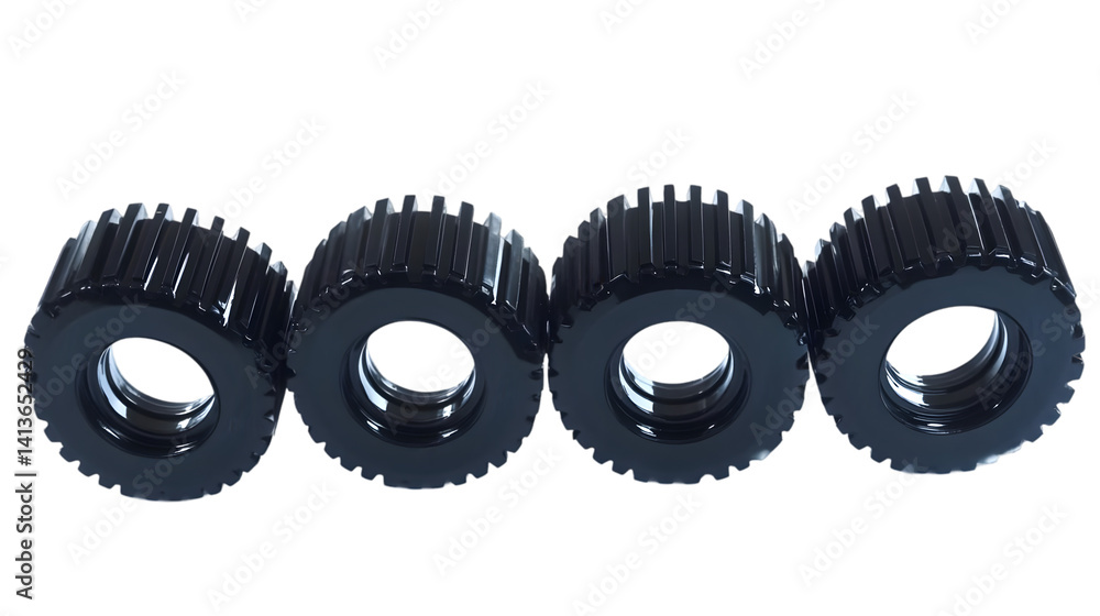 Poster isolated 3d render of four black gears with shiny surfaces on transparent background