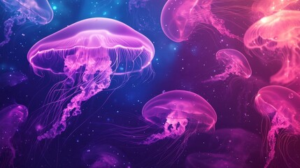 Obraz premium Ethereal Glow of Colorful Jellyfish Swimming in Deep Ocean Waters at Night with Vibrant Colors and Mystical Atmosphere