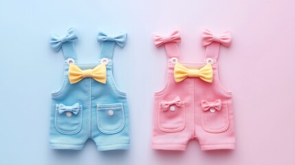 Cute pastel colored baby overalls in blue and pink with bowtie accents on soft gradient background
