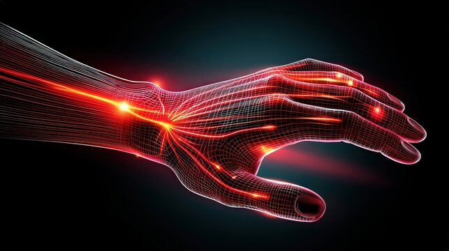 wellness health Glowing red nerve lines spreading from hand and wrist on dark gradient background symbolizing diabetic neuropathy pain and discomfort nerve damage illustration  