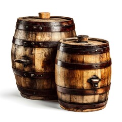 Obraz premium Two aged wooden barrels with metal bands and spigots sit on a white background showcasing their rustic charm and vintage appeal.