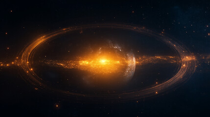 Celestial Circle: A mesmerizing visualization of a planet or celestial body framed by a golden, radiant ring in the vast, star-studded expanse of outer space.