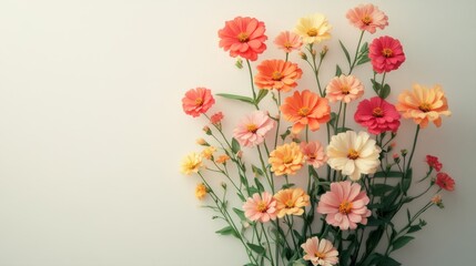 Obraz premium Beautiful bouquet of colorful flowers in various shades of pink, orange, and yellow against a light background