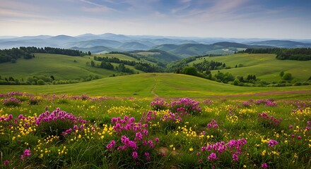 Vibrant Wildflower Meadow Landscape with Rolling Green Hills
