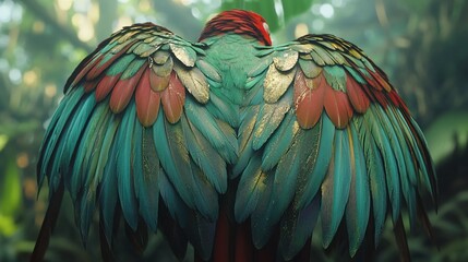 Vibrant parrot's outstretched wings showcasing iridescent red, green, and gold feathers