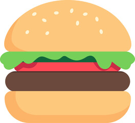 Minimalist Flat Design Hamburger Icon: Modern Fast Food Vector Illustration with Sesame Bun, Fresh Lettuce, Tomato and Beef Patty