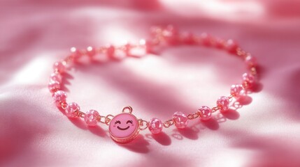 Obraz premium Pink Beaded Bracelet with Smile Charm on Soft Textured Background for Fashion Accessories and Jewelry Lovers