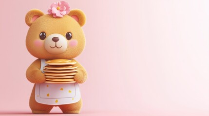 Cute cartoon bear character holding stacked pancakes with a pink background and flower decoration on head