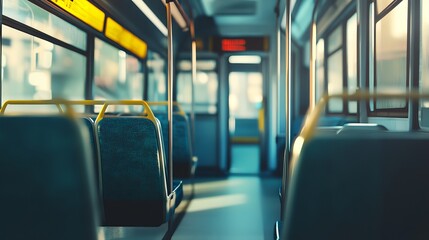 Modern empty city bus interior with seats and handrails in urban setting