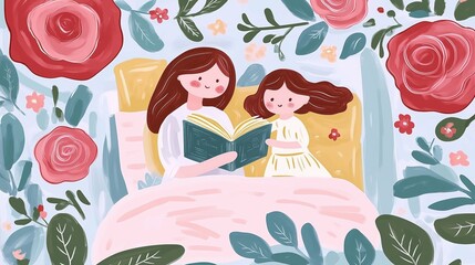 Mother reading book to daughter at bedtime. Concepts of Mother's Day, parenting, care, nighttime, being together, flowers, whimsical