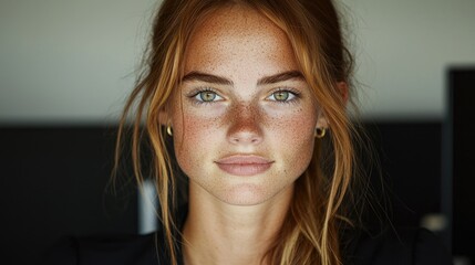 Close up portrait young woman green eyes natural beauty fair skin freckles