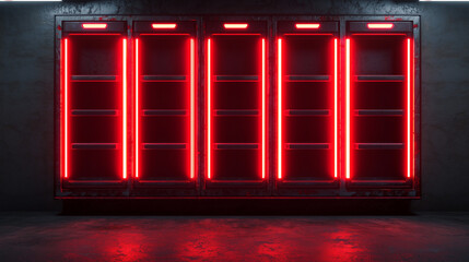 Obraz premium Empty industrial refrigerator with glowing red neon lights in a dark room, evoking a futuristic or cyberpunk atmosphere.