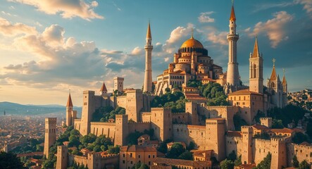 Naklejka premium legendary city with towers reaching the heavens cinematic view background 