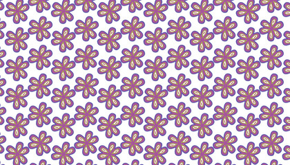 Seamless repeating pattern featuring simple stylized purple and yellow flowers 