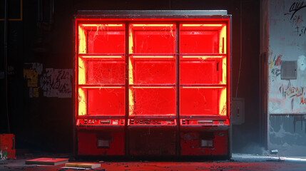 Empty broken vending machine glowing red in dark urban alley with graffiti and debris, futuristic dystopian style.