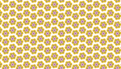 Seamless diagonal pattern featuring stylized yellow flowers with ornate purple centers detailed 