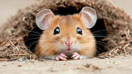 Adorable mouse peeking from nest cute rodent stock photo for childrens products and pet websites