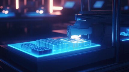 A futuristic additive manufacturing machine glowing while building up metal layers on a worktable