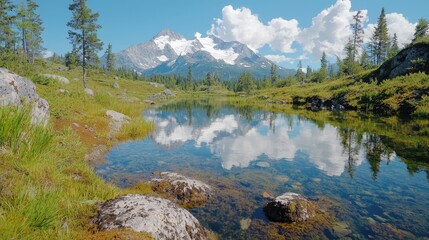 Tranquil mountain lake landscape serene nature scene with blue water and lush greenery