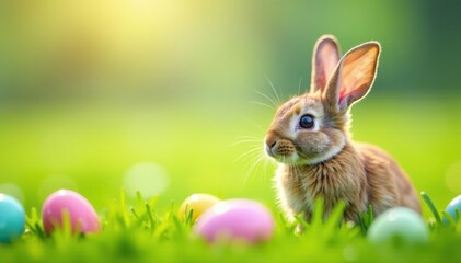 Obraz premium Bunny Ears in Field with Colorful Eggs , flowers, spring