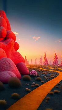 Surreal landscape featuring pink organic formations along a winding yellow path at sunset