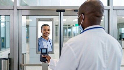 Fototapeta premium Healthcare Technology Medical Devices Innovation concept, A doctor interacts with a digital identification system at a modern entrance.